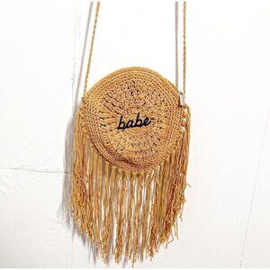 Babe Womens Crocheted Crossbody Bag Purse Tan Long Strap Round Boho